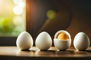 five eggs are sitting in a row. AI-Generated photo