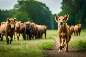 un perro caminando en frente de un manada de ganado. generado por ai foto