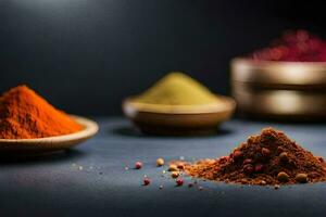 spices in bowls on a dark background. AI-Generated photo