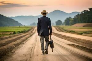 a man in a suit and hat walking down a dirt road. AI-Generated photo