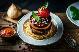 a stack of spaghetti with a strawberry on top. AI-Generated photo
