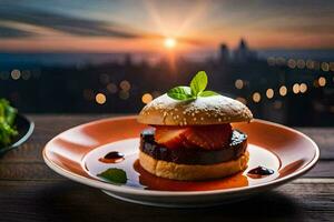 a hamburger with strawberries and a salad on a plate. AI-Generated photo