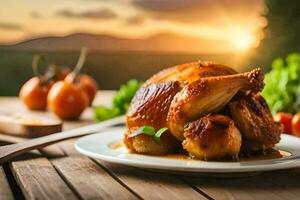 a chicken on a plate with vegetables and a knife. AI-Generated photo