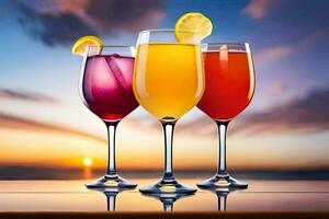 three glasses of different colored drinks on a table. AI-Generated photo