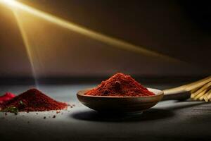 a bowl of red powder and a spoon with a red flower. AI-Generated photo