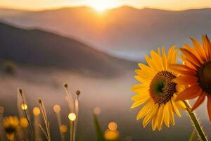 girasoles en el neblina, montañas, amanecer, amanecer, el sol, naturaleza, naturaleza. generado por ai foto