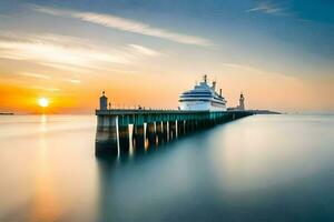 un largo exposición foto de un crucero Embarcacion a el muelle. generado por ai