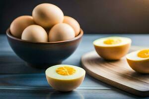 eggs are sliced in half and placed on a cutting board. AI-Generated photo