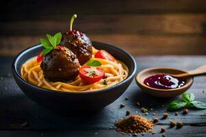 meatballs with tomato sauce in a bowl on a wooden table stock photos. AI-Generated photo