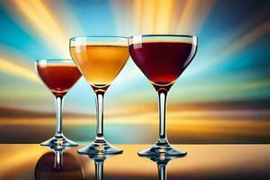three glasses of wine on a table with a bright background. AI-Generated photo