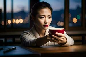 a woman holding a cup of coffee in front of a window. AI-Generated photo