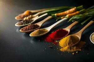 various spices and herbs in spoons on a black background. AI-Generated photo