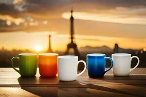 four coffee cups on a table with the eiffel tower in the background. AI-Generated photo