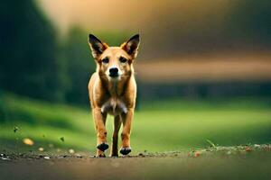 un perro caminando en un la carretera en el medio de un campo. generado por ai foto