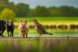 a dog and a bird standing next to a group of dogs. AI-Generated photo