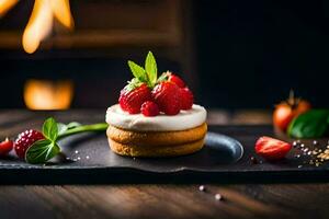 un postre con fresas y crema en un negro lámina. generado por ai foto