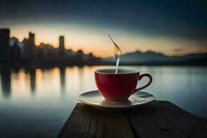 un taza de café en un de madera mesa con un ciudad en el antecedentes. generado por ai foto