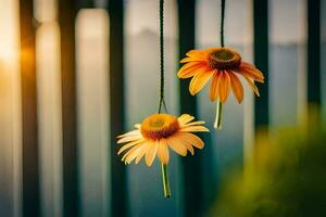 dos flores colgando desde un cuerda en frente de un ventana. generado por ai foto