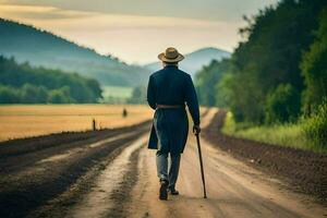 a man in a hat and coat walking down a dirt road. AI-Generated photo