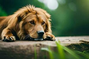 a lion laying on the ground in the grass. AI-Generated photo