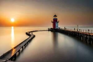 a long exposure photograph of a lighthouse at sunset. AI-Generated photo