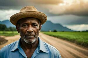 a man in a hat stands on a dirt road. AI-Generated photo