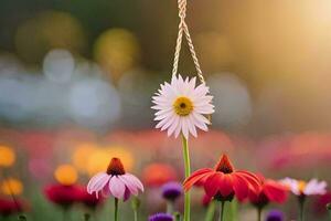 a flower hanging from a rope in a field. AI-Generated photo