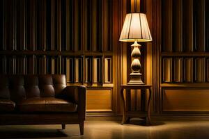 a leather couch and lamp in a room. AI-Generated photo