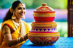 un mujer en un sari es participación un grande maceta. generado por ai foto