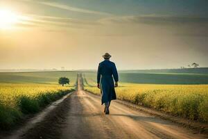 a man in a blue suit walks down a dirt road. AI-Generated photo