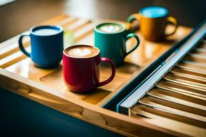 coffee cups on a wooden tray. AI-Generated photo