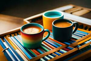 two coffee cups sit on a tray with colored pencils. AI-Generated photo