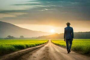 a man in a suit walks down a dirt road at sunset. AI-Generated photo