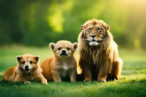 Tres perros y un león sentado en el césped. generado por ai foto