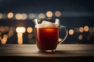 a pitcher of iced tea sitting on a table in front of a city skyline. AI-Generated photo