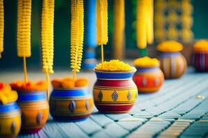 colorful pots with yellow and orange decorations on a wooden table. AI-Generated photo