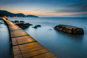 a wooden pier stretches out into the ocean at dusk. AI-Generated photo