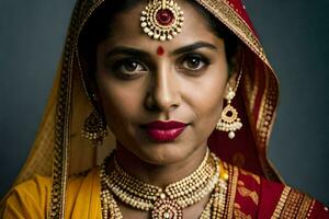 a beautiful indian woman wearing traditional jewelry. AI-Generated photo