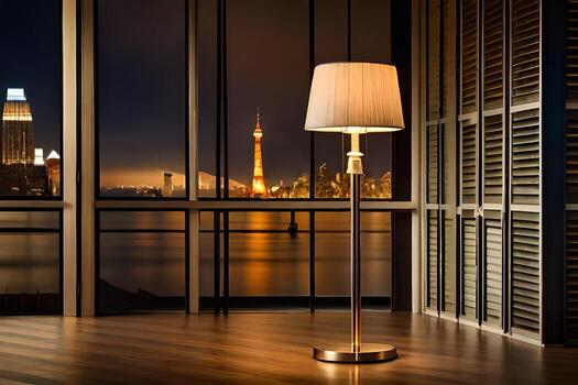 a lamp on a table in front of a window with a city view. AI-Generated photo