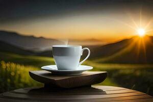 café taza en el mesa, amanecer, montañas, naturaleza, hd fondo de pantalla. generado por ai foto