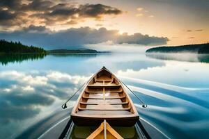 a boat on the calm water with clouds and trees. AI-Generated photo