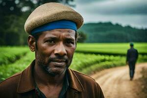 a man in a hat stands in a field. AI-Generated photo