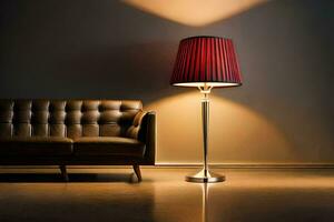 a lamp and a couch in a dark room. AI-Generated photo