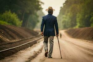 a man in a suit and hat walking down a road. AI-Generated photo