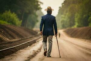 un hombre en un traje y sombrero caminando abajo un la carretera. generado por ai foto