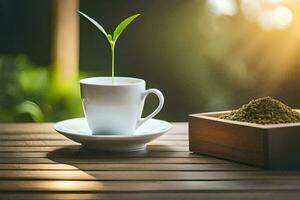 a cup of tea and a plant growing in a wooden box. AI-Generated photo