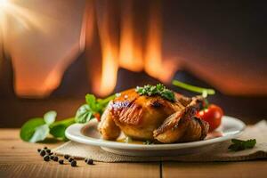 chicken on a plate with herbs and spices in front of the fireplace. AI-Generated photo