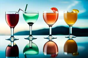 four different colored drinks in glasses on a table. AI-Generated photo