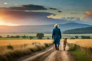 a man and his dog walking down a dirt road. AI-Generated photo