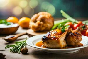 a plate of chicken with sauce and vegetables. AI-Generated photo
